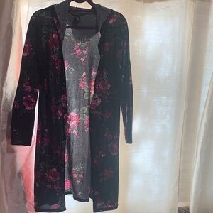 Floral Hooded Cardigan - Black and Pink